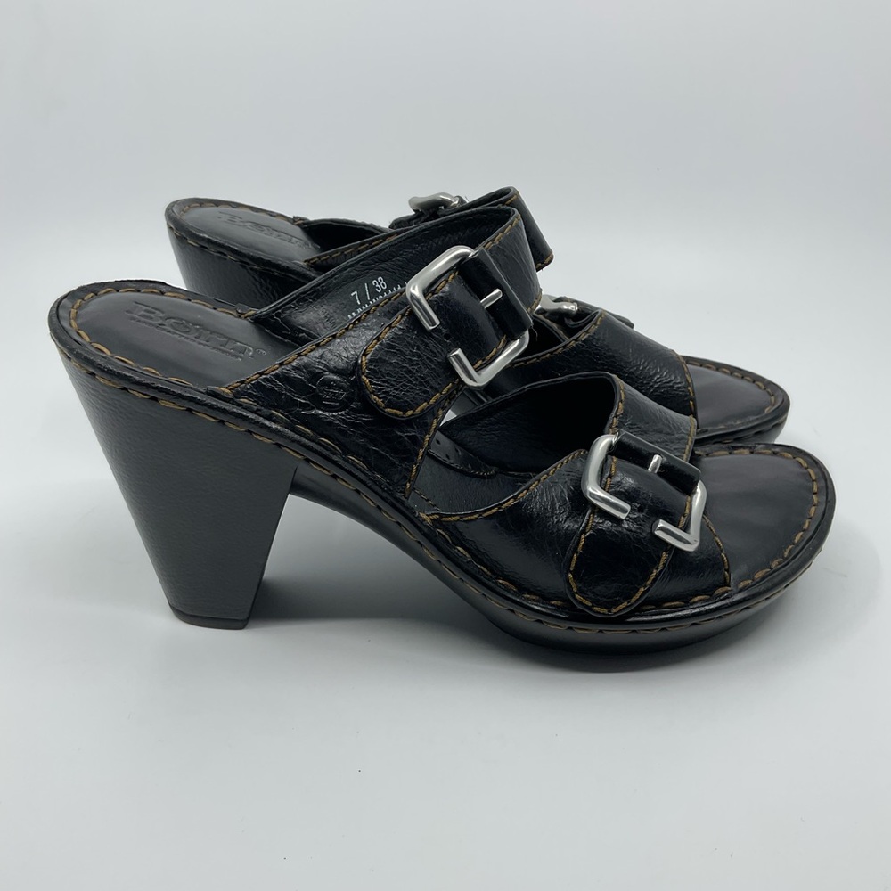 Born Double Strap Leather Platform Block Heel Sandals